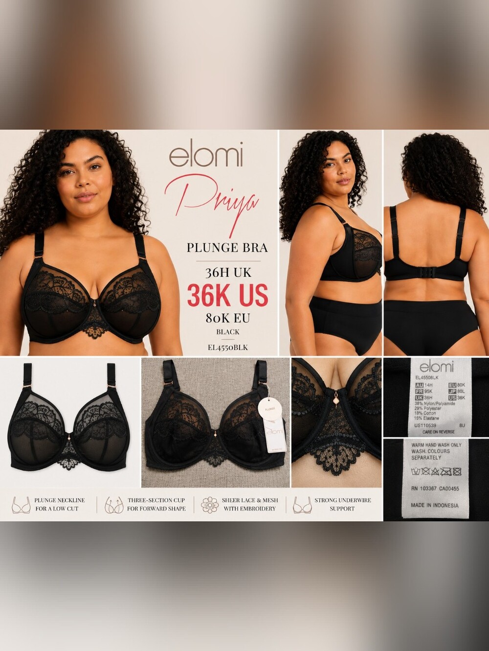 Elomi Priya Plunge Bra Black Lace Mesh Underwire NWT 36K US 36H UK EL4550BLK